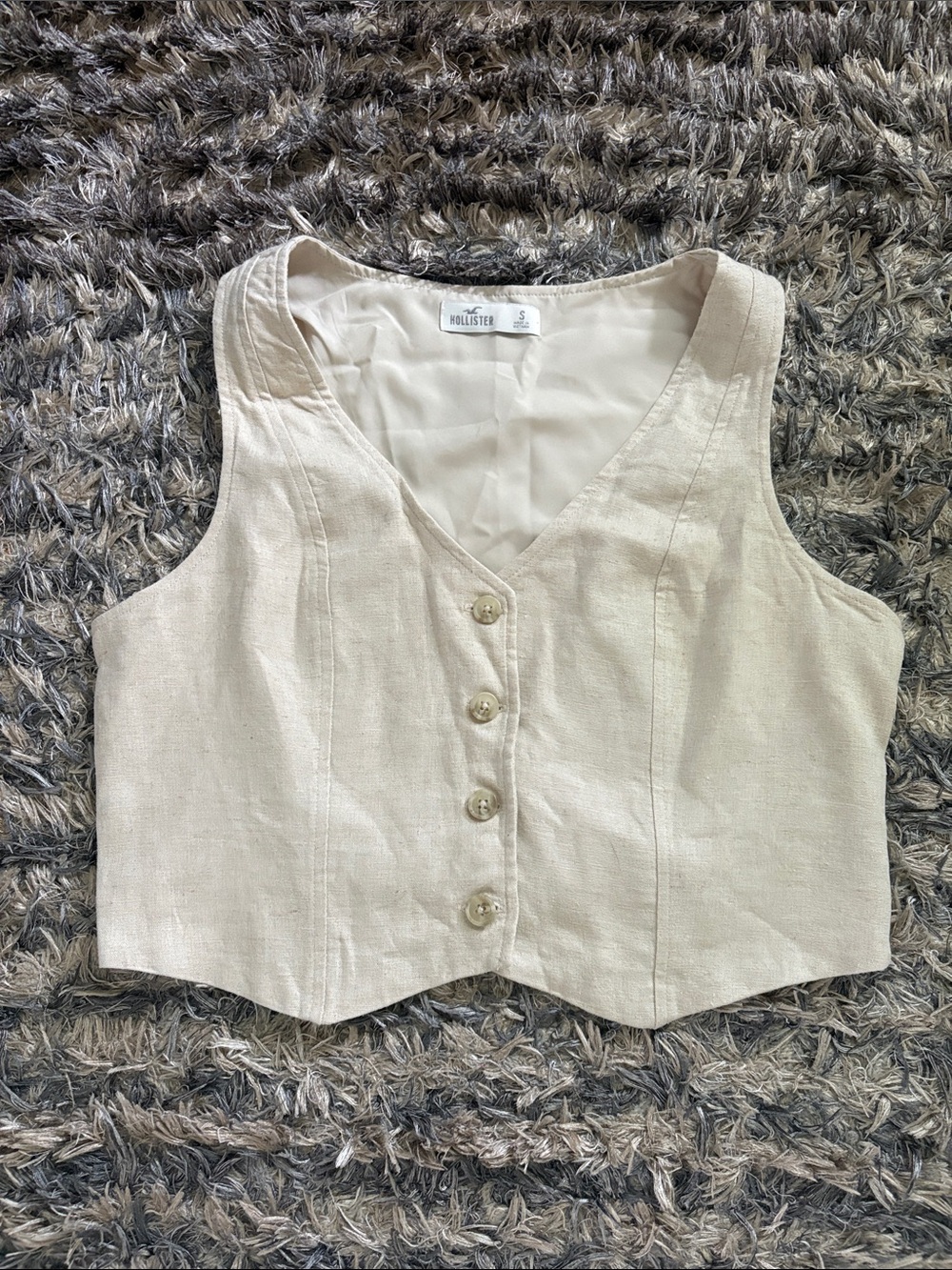 Hollister Cream Button-Front Linen-Blend Crop Vest Size S